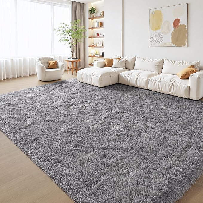 Zentavio Area Rugs for Living Room Grey Rugs for Bedroom Large Big 9x12 Carpet Fluffy Furry Soft Shag Aesthetic Plush High Pile Gray Rug for Nursery Kids Room Dorm