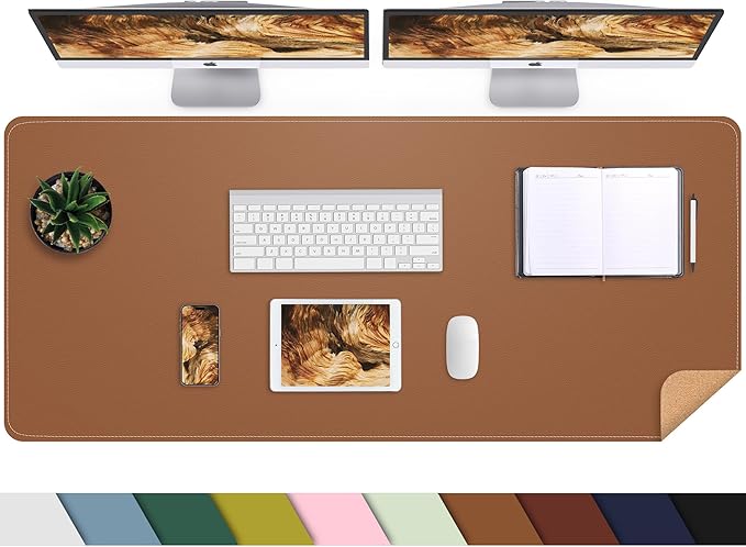 AFIING Leather Desk Pad Protector, Large Desk Mat with Natural Cork & PU Leather, Mouse Pad, Non-Slip Waterproof Desk Writing Pad for Office and Home (Brown)