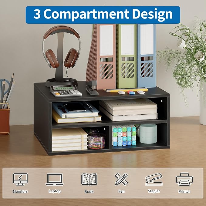 ALISENED Printer Stand for Desk, 2-Tier Wooden Desk Organizer with Adjustable Compartments, Heavy Duty Desktop Stand for Printer Scanner Monitor, Space Saving Office Organization and Storage, Black
