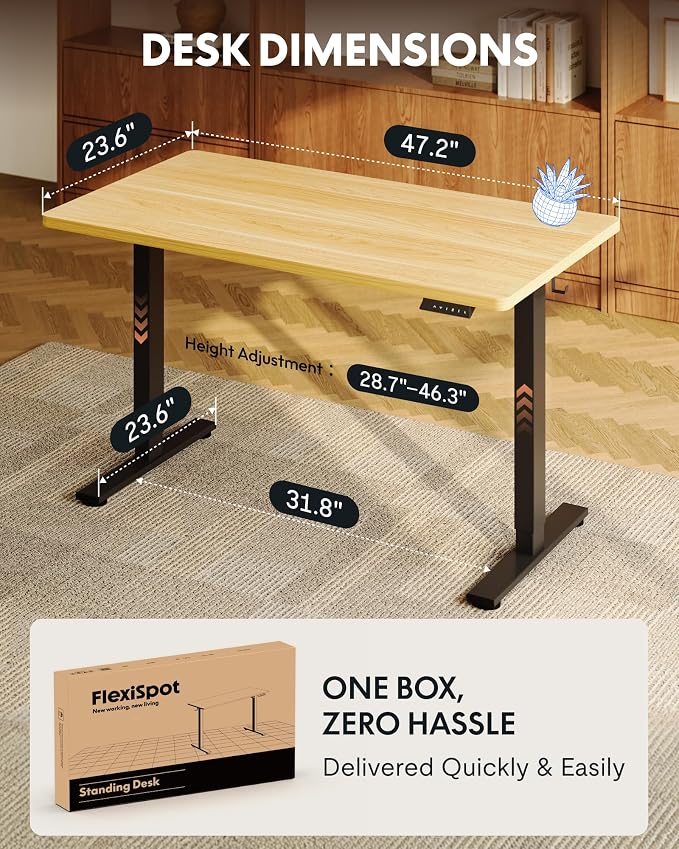 FLEXISPOT EN1 One-Piece Standing Desk, 48"x24" Seamless Desktop Electric Height Adjustable Desk for Home Office, Multi-Monitor Setups & Easy Assembly, Maple (Black Frame)