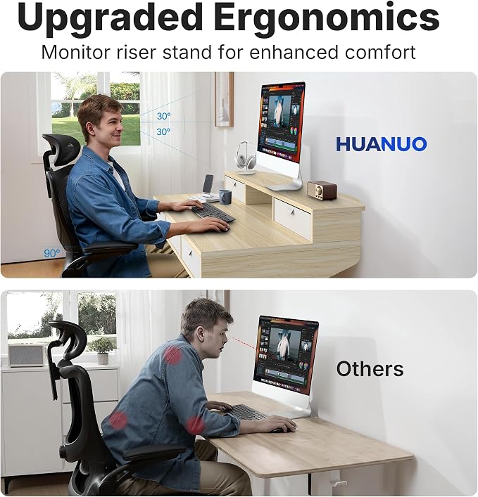 HUANUO 48 x 24 Inch Electric Standing Desk with 4 Drawers, Natural | 4 Drawers For Organized Storage, Raised Monitor Shelf, C-Clamp Mount Support, 4 Memory Presets, 28.3–46.5 Inch Height Range