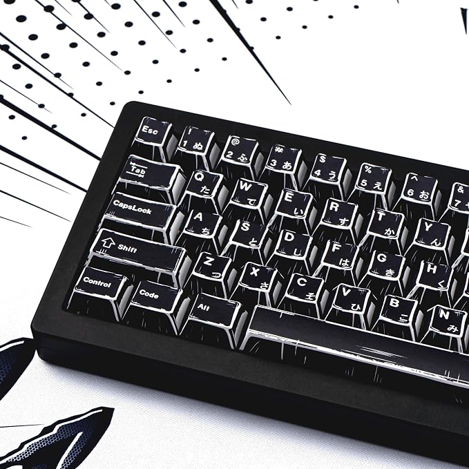 Black Japanese Manga Keycaps, Custom PBT Dye Sublimation Key caps 130 Keys, Cherry Profile Keycap Set Fit for 61/64/87/104/108 Cherry MX Switches Mechanical Keyboard
