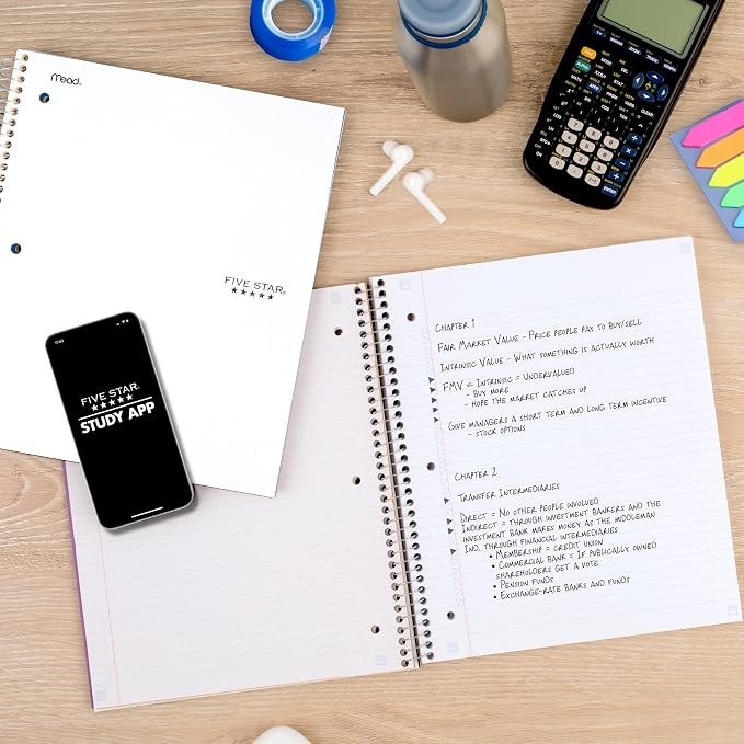 Five Star Spiral Notebook + Study App, 1 Subject, College Ruled Paper, 8-1/2" x 11", 100 Sheets, Fights Ink Bleed, Water Resistant Cover, White (72456)