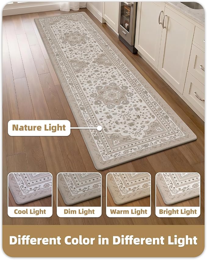 Color&Geometry Kitchen Floor Mat 24x87 Vintage Anti Fatigue, Beige | 0.4in Cushion Standing Mat For Cooking/Working/Laundry, Boho Decor, Non Slip PVC Kitchen Rug, Oil/Water Proof, Anti Slip