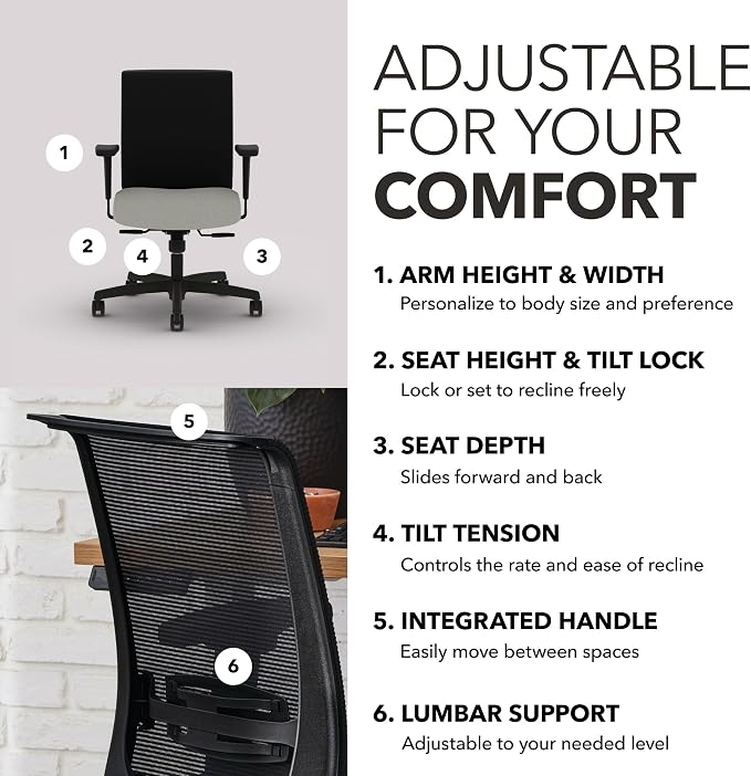 HON Convergence Ergonomic Office Chair, Office Desk Computer Chair, Fog | Fabric ergonomic desk chair with lumbar support, seat glide, adjustable arms and breathable mesh comfort, office decor