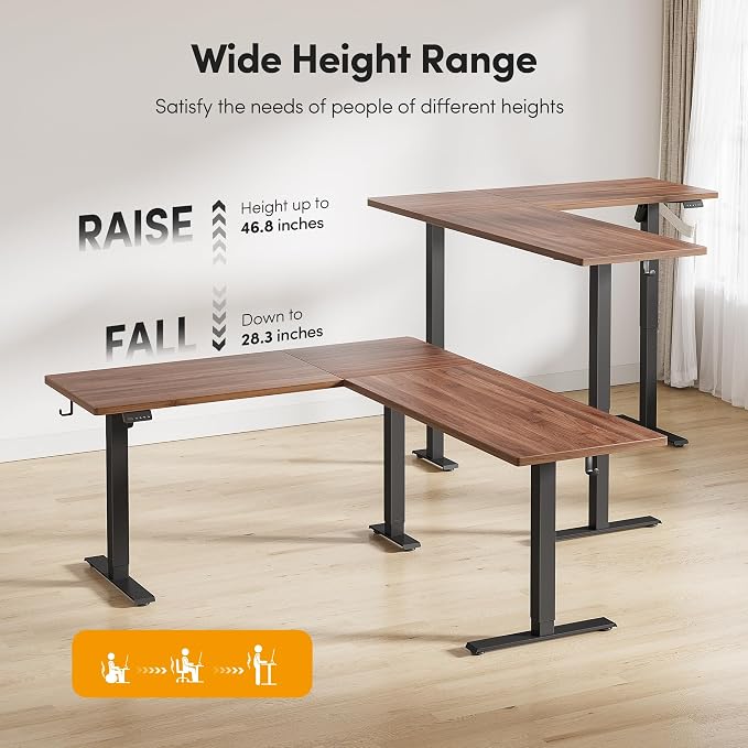 CubiCubi L Shaped Standing Desk 75 x 63 Inch Adjustable Height, Electric Corner Desk, Sit Stand Home Office Desk with Splice Board, Black Walnut(2 Packages