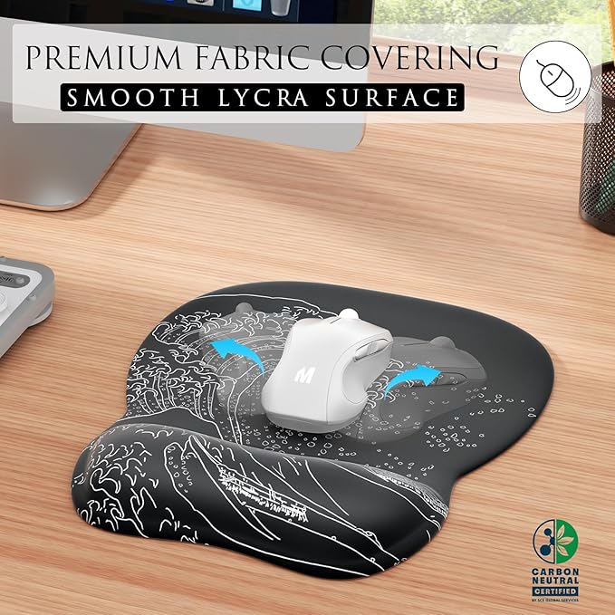 MROCO Ergonomic Mouse Pad with Gel Wrist Rest, Smooth Wrist Support Surface, Non-Slip PU Base for Pain Relief, Comfortable Mousepad for Computer, Laptop, Office & Home, 9.4 x 8.1 in, Kanagawa Wave