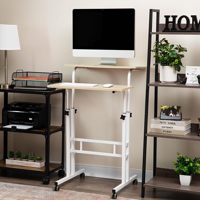 Mind Reader Standing Desk, Adjustable Height Laptop Workstation, Portable Rolling Desk on Wheels, Two-Tier Metal Frame, White