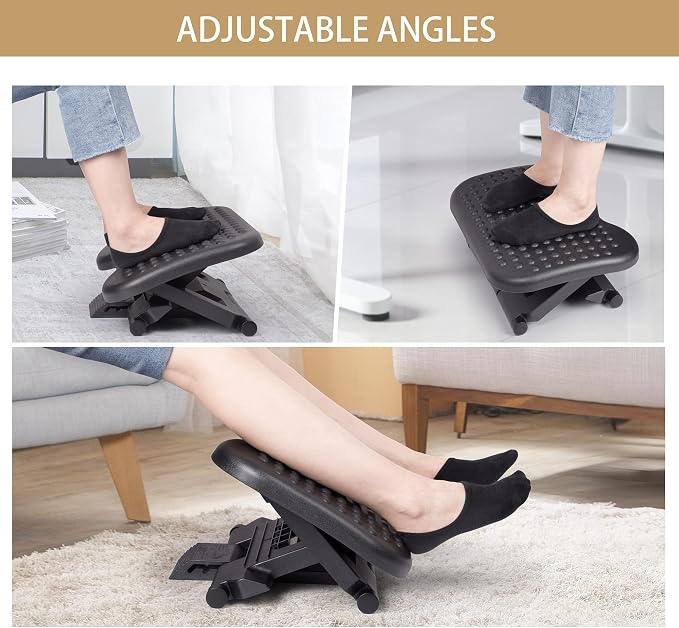 Auslar Foot Rest Under Desk at Work, Ergonomic Desk Footrest with Massage | Adjustable Foot Stool with 3 Height Position and 30-Degree Tilt Angle Adjustment, Foot and Leg Rest for Home Office, Black