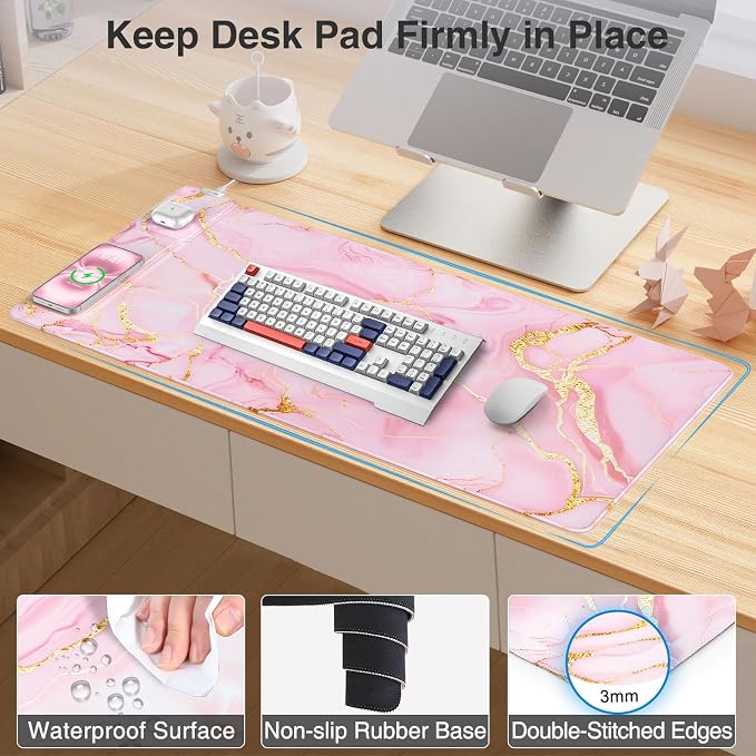 Wireless Charging Mouse Pad with Phone Holder, 31.5"x15.8" in, Pink Marble | Large Desk Mat for Laptop/Keyboard, Waterproof Ultra-Smooth Surface, Non-Slip Base