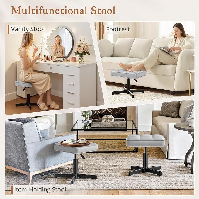 LUE BONA Adjustable Vanity Stool, 15''-19.5'' Foot Rest Under Desk, 360° Swivel Vanity Chair for Makeup Room, Silver Upholstered Faux Leather Ottoman for Bathroom & Living Room, 300lbs
