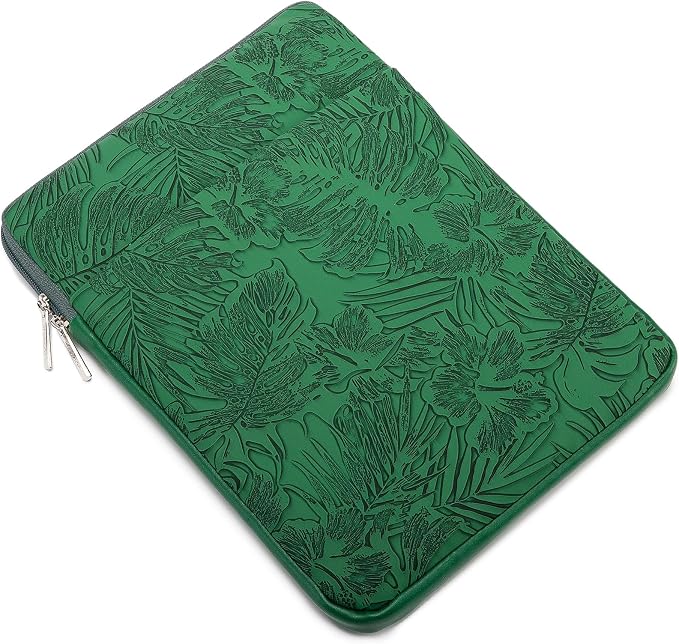 Kinmac 360° Protective Vertical Laptop Sleeve Case Cover Bag (Green Leaves PU, 12.5 inch-13.3 inch)