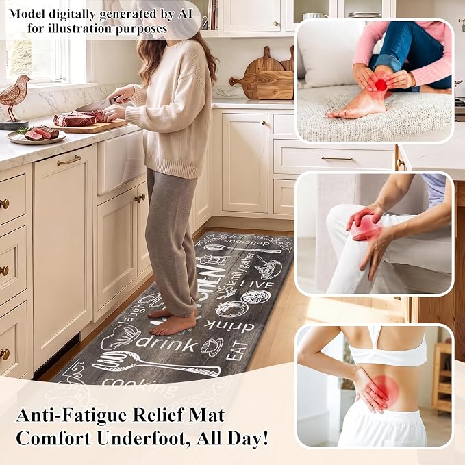 HEBE Anti Fatigue Kitchen Rugs Set of 2, Non Slip Cushioned Kitchen Mats for Floor, Waterproof Farmhouse Comfort Standing Desk Mat for Kitchen Sink,Office,Laundry