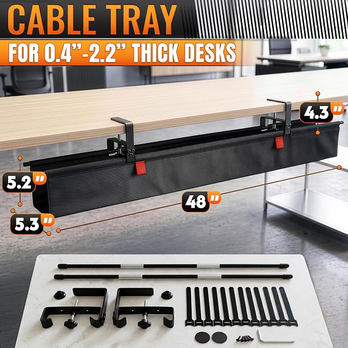 Under Desk Cable Management Tray 48" — No Drill Clamp-On Cord Organizer for Desk with Built-in Ties, Heavy Duty Metal Clamp, Foldable 600D Oxford Fabric for Home Office, WFH & Gaming PC Setup (Black)