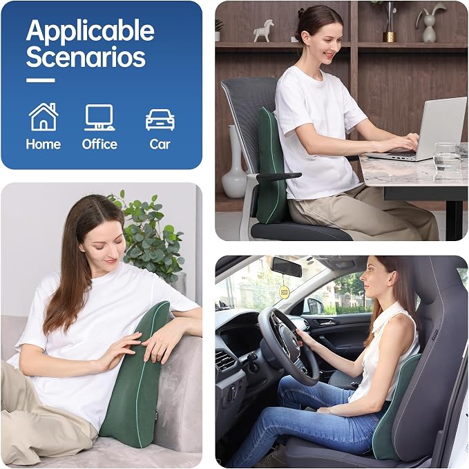Plush & Comfortable Memory Foam Lumbar Support Pillow - Soft Back Cushion for Office Chair, Car Seat, Gaming Chair - Ergonomic Lower Back Pain Relief with Adjustable Straps & Washable Cover-Dark Green