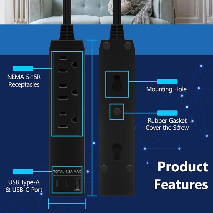 LIDER Outlet Extender with 3 Receptacles, USB-A & 2 USB-C Ports, Ultra-Thin Flat-Plug with Cord Extender, 3-Outlet Power Strip, Slim Angled Design, 5ft Cord, 1250W, ETL Listed, Matte Black