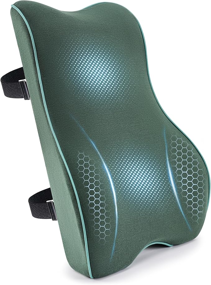 Plush & Comfortable Memory Foam Lumbar Support Pillow - Soft Back Cushion for Office Chair, Car Seat, Gaming Chair - Ergonomic Lower Back Pain Relief with Adjustable Straps & Washable Cover-Dark Green