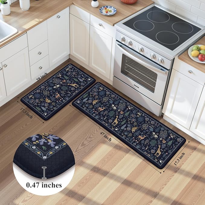 KIMODE Anti Fatigue Mats for Kitchen Floor,Cushioned Kitchen Rugs Sets of 2 | 17.3"x47"+ 17.3"x29",Dark Blue,Farmhouse Animal Forest Kitchen Rug Non Slip,Padded Kitchen Floor Mats for Laundry Sink Office