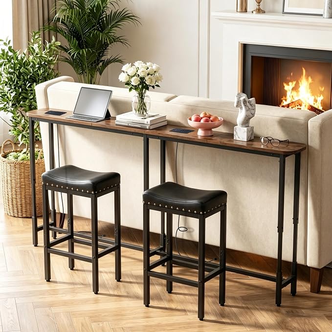 Forteek 78.8" Narrow Sofa Table with Power Outlets, Adjustable Height | Smooth Rounded Corner,Behind Couch with Storage for Living Room,2 USB Ports,Charging Station,Rustic Brown,Anti-Bump Pads