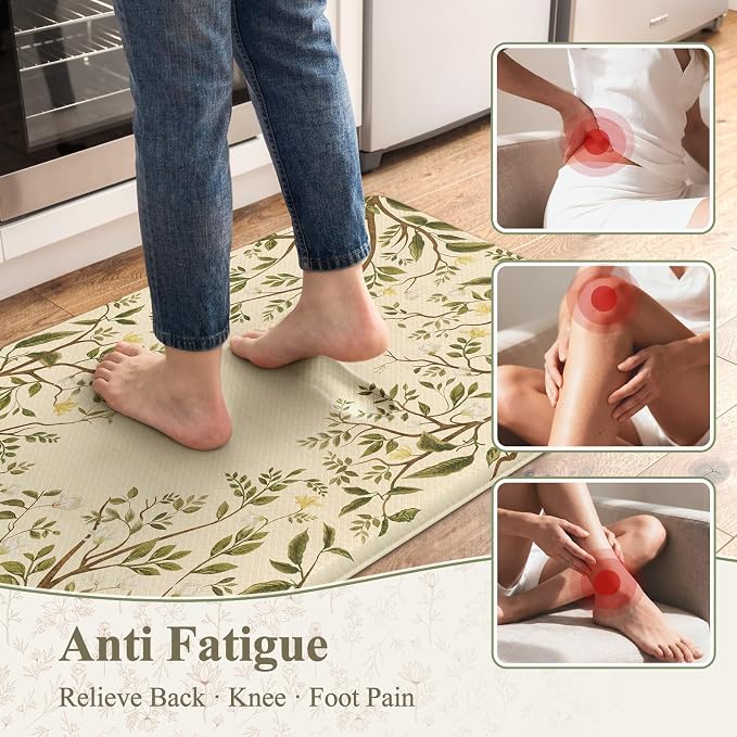 KIMODE Anti Fatigue Kitchen Mats for Floor 17"x47"+17"x29", Farmhouse Leaf Kitchen Rugs Sets of 2, Cushioned Kitchen Floor Mats, Buttercream Laundry Room Rugs for Sink Desk Kitchen Decor Bedroom