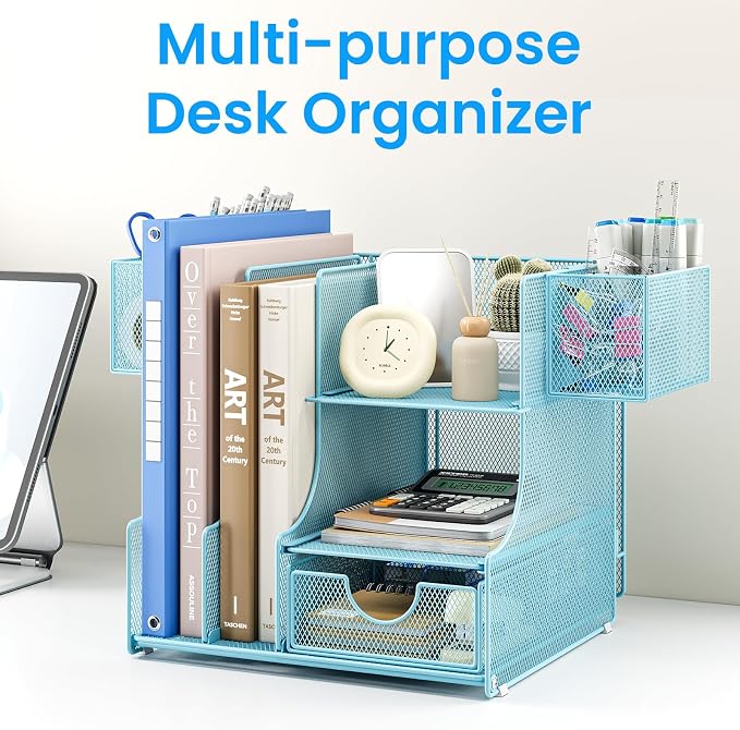 Lavatino Desk Organizer – 4-in-1 Blue Mesh Office Supplies Organizer with Pen Holder, File Holder, Desktop Tray, and Drawer for Home, Office, Classroom