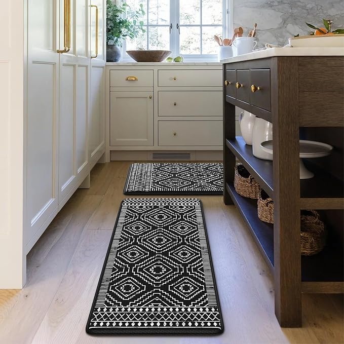 KIMODE Anti Fatigue Kitchen Mat,Black Boho Kitchen Rugs Non Slip Sets of 2,Kitchen mats for Floor Cushioned,Morocco Geometric Memory Foam Cushioned Standing Mats for Sink,Laundry,Office