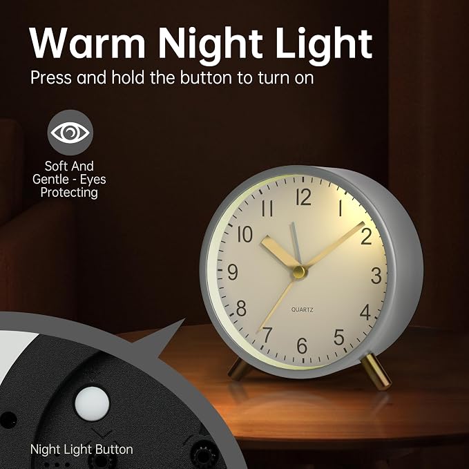 JALL Analog Alarm Clock, 4 inch Super Silent Non Ticking Small Clock with Night Light, Battery Operated, Simple Design, Easy Setting for Office, Bedroom, Bedside, Desk, Teens, Elders, Adult, White