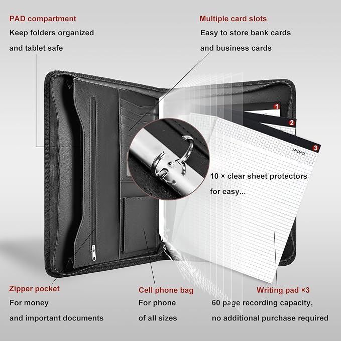 Leathario Portfolio Binder, Includes 10 Sheet Protectors and 3 Notepads, 3-Ring Folder Organizer, A4 Padfolio with Zipper, Vegan Leather Tablet Sleeve, Business Office Conference Clipboards