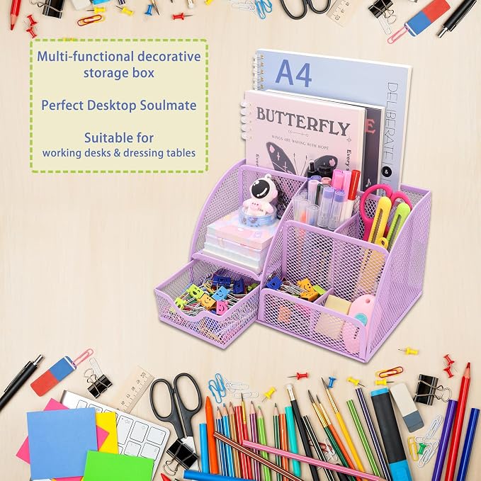 Boutilon Mesh Desk Organizer Desktop Office Supplies Stationary Organizer with 6 Compartments and 1 Drawer Multi-Functional Caddy Pen Holder for Home Office School Desk Decor(Pale Purple)