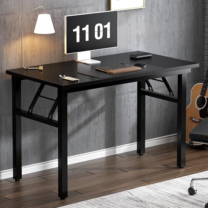 SogesHome Small Foldable Desk for Home Office, 39 Inch Compact Computer Table with Adjustable Leg Pads, No Assembly Needed Folding Writing Conference Desk Gaming Table for Small Spaces, Black