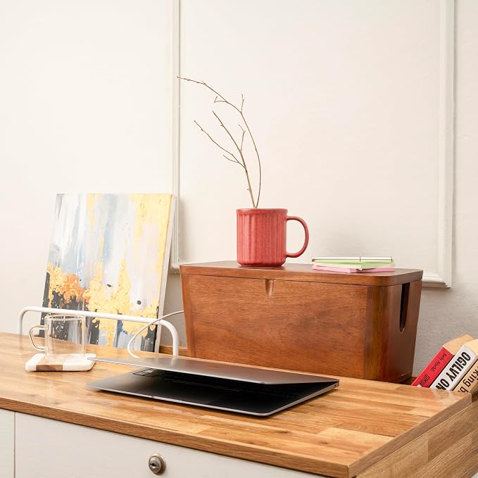 Mango Cable Management Box - Rustic Design (Natural, Extra Large) | Mango Wood, Cable Organizer, Rustic Style, Modern Design, Desktop Storage