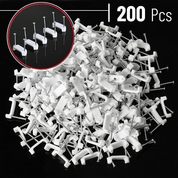 Bates- Cable Clips with Steel Nails, 200 pcs, White, Large, 2-Nail Cord Clips for Wires on Wall, Cable Wall Clip, Wire Wall Clips, Cable Wire Clips, Coaxial Cable Clips, Cord Wall Clip
