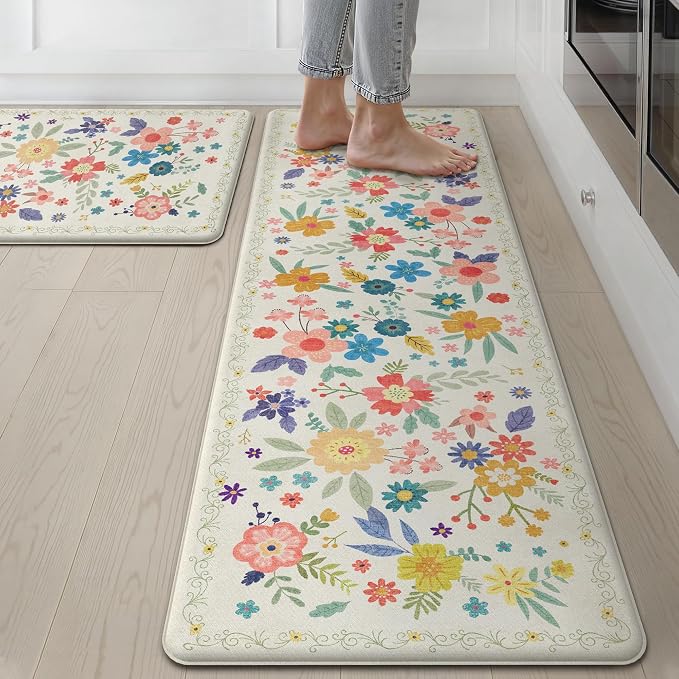 GENIMO Anti Fatigue Kitchen Mats for Floor 2PCS, Cushioned Standing Mats | 17.3"x59"&17.3"x30", SoftWhite vintage floral rug set, waterproof, non slip, easy-clean for farmhouse