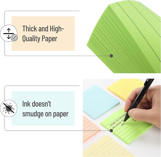 Mr. Pen- Lined Sticky Notes, 3" x 3", 6 Pads, 45 Sheets/Pad, Pastel Color | Sticky Notes with Lines, Ruled Post Stickies, Memo Pads, Self-Stick Note Pad for Office, School, Home, Study & Organization