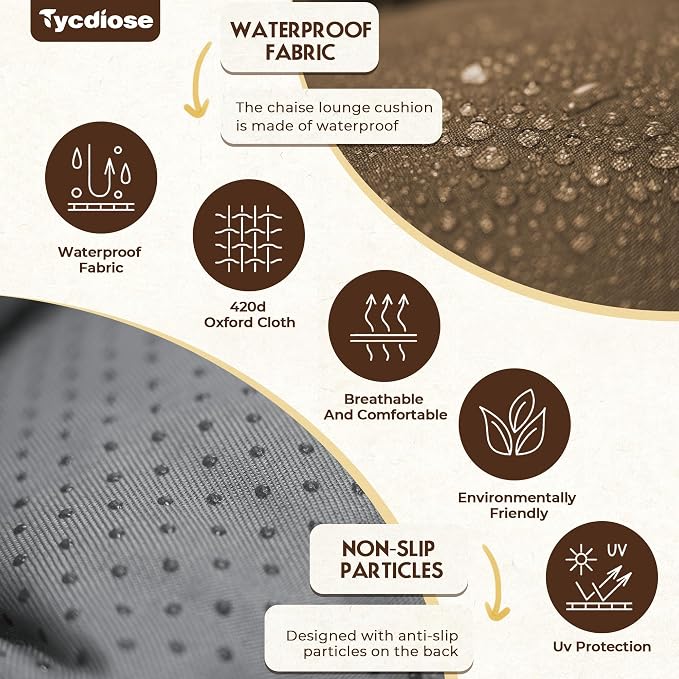 Waterproof Outdoor Chaise Lounge Chair Cushion 74.4 x 22 x 4.7 Inches Memory Foam Lounge Chair Cushions for Outdoor Furniture with Ties, Thickened Pool Chaise Lounge Chair Cushions, Brown