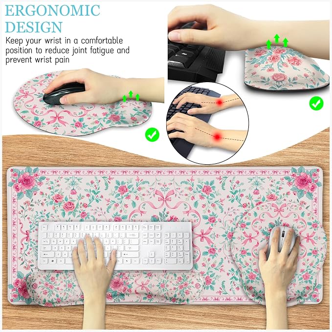 LIMKRIAN Pink Bow Floral Mouse Pad Set, XXL Large Desk Mat with Stitched Edges, Ergonomic Mouse Pad with Gel Wrist Rest & Keyboard Rest, Cup Coaster, Cute Gaming Office Desk Decor for Women Girls