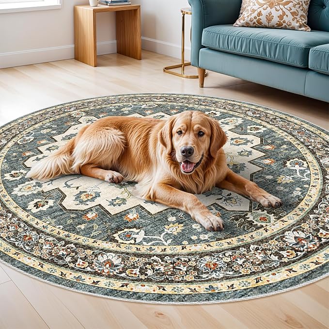 Washable Oriental Area Rug - 9ft Round Rugs for Living Room Soft Carpet for Bedroom Waterproof Floral Distressed Indoor Stain Resistant Non-Shedding Floor Carpets (Blue, 9ft-Round)