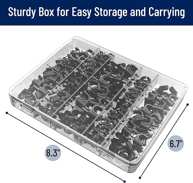 Bates- Cable Clips with Steel Nails, 360 pcs, Black, 4mm 5mm 6mm 8mm 10mm, Cord Clips for Wires on Wall, Cable Wall Clip, Wire Wall Clips, Cable Wire Clips, Coaxial Cable Clips, Cord Wall Clip