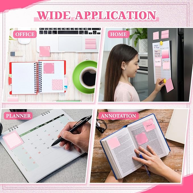 9 Pcs Aesthetic Sticky Notes Cute Pastel Self Stick Notepads Easy to Post Desk Supplies for Home Office Decor School Accessories Women Birthday Coworker Gifts(Pink)