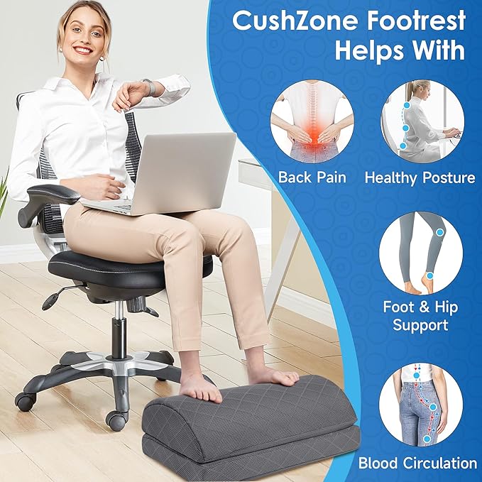 CushZone Foot Rest for Under Desk at Work Adjustable Foam for Office and Home, Office Desk Accessories，Comfortable Footrest with 2 Adjustable Heights，Back & Hip Pain Relief (Gray-16.9 in)