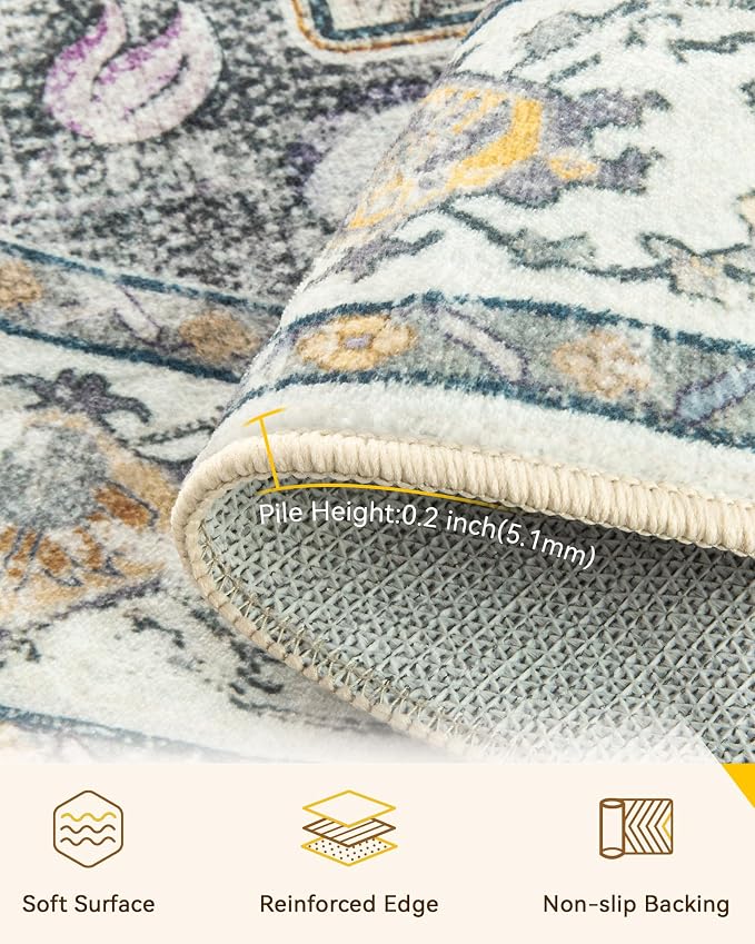 RELEANY Area Rugs Round 8ft Washable Non-Slip, Floral Vintage Distress Medallion Carpet for Living Room Bedroom Dining Room, Beige Carbon Grey Orange