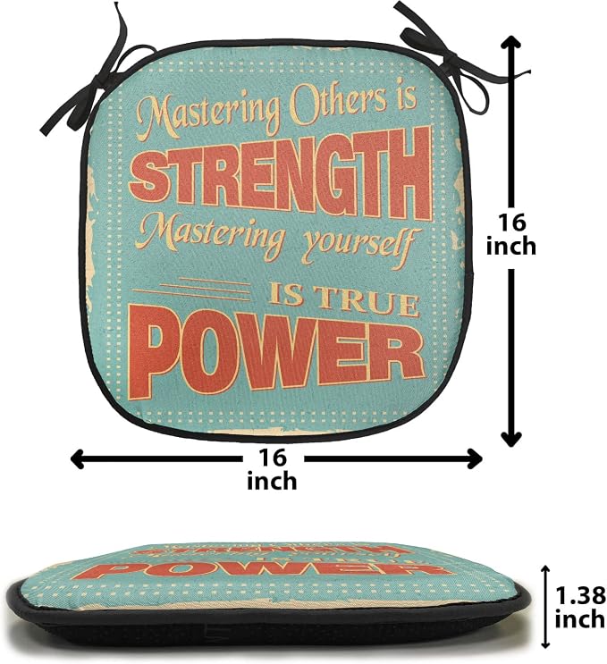 Lunarable Saying Chair Cushion Pads Set of 8, Notes Mastering Yourself is True Power by Lao Tzu, Anti-Slip Seat Padding for Kitchen & Patio, 16"x16", Pale Brown Pale Blue