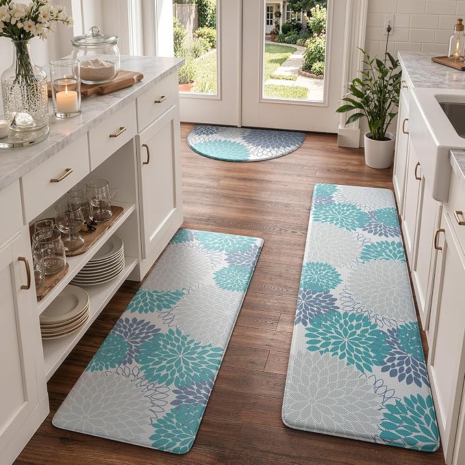 KIMODE Half Circle Anti Fatigue Mats for Kitchen Floor Rug Sets of 3 | 18"x28+18"x47"+18"x59",Blue White,Dahlia Floral Boho,3PCS,Non Slip,Waterproof,for Sink Office Laundry Bathroom Decor
