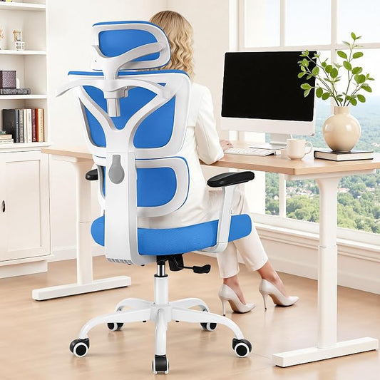 Ergonomic Office Chair High Back Desk Chair with Lumbar Support, Breathable Mesh Computer Chair with Adjustable Armrests Height, Reclining Swivel Big and Tall Gaming Chair for Home Office(Sky Blue)