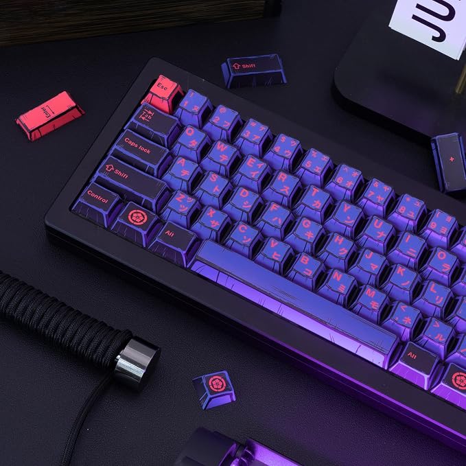 Purple Japanese PBT Custom Keycaps, 130 Keys Black Purple Manga Key Caps, Cherry Profile Dye Sublimation Keyboard Keycap Set for Cherry MX Gateron Kailh Switches Mechanical Keyboard