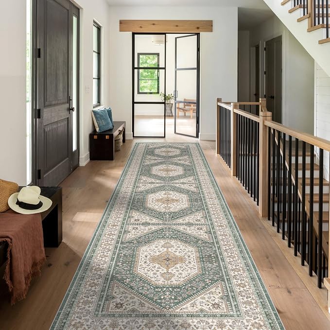 3x12 Runner Rug for Hallway Washable: Non Slip Kitchen Rugs with Rubber Backing Soft Waterproof Mats Stain Resistant Indoor Vintage Carpet Runner for Bedroom Bathroom Laundry Entryway Green/Beige