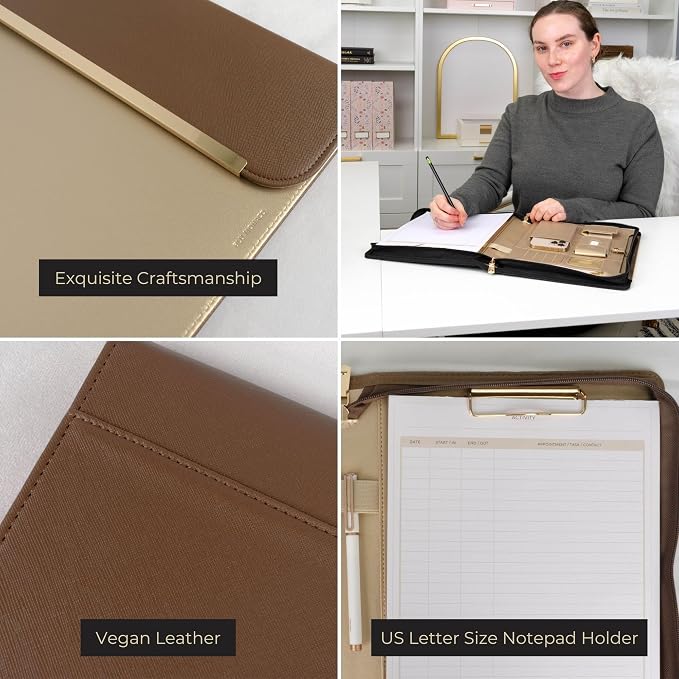 BLU MONACO | Brown Vegan Leather Padfolio | Zippered Work Organizer Binder with Gold Trim | Professional Document Case 8.5 x 11 for Women