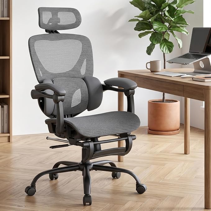 MALOL Ergonomic Mesh Office Chair with Footrest, Executive High Back Computer Desk Chair with 3D Adjustable Headrest & 5-Level Lumbar Support, Track Armrest, Tilt Lock, 300LBS, Grey