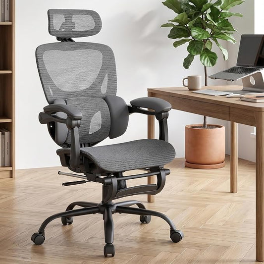 MALOL Ergonomic Mesh Office Chair with Footrest, Executive High Back Computer Desk Chair with 3D Adjustable Headrest & 5-Level Lumbar Support, Track Armrest, Tilt Lock, 300LBS, Grey