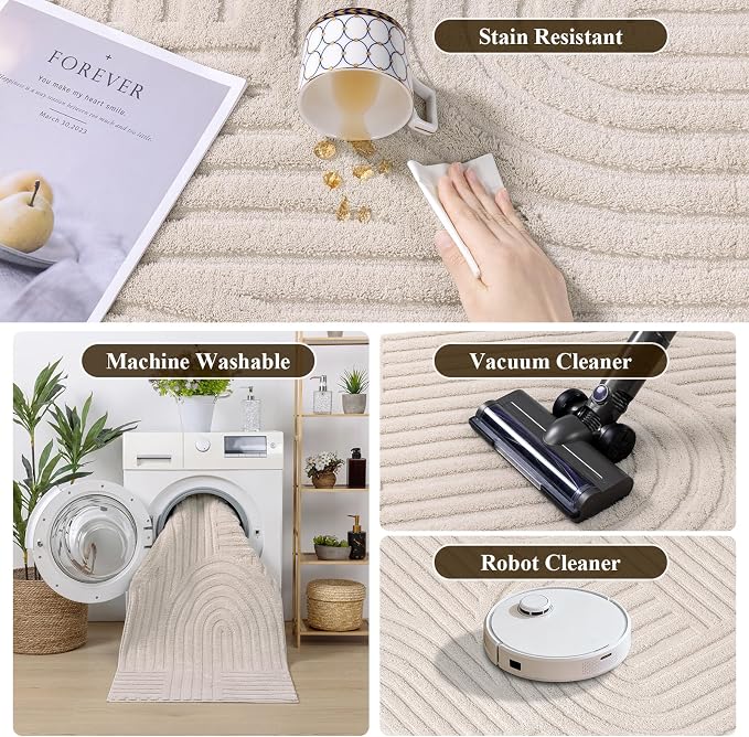 SHACOS Soft Cozy Fluffy Arch Pattern High-Low Pile Runner Rugs 2'x8' Non Slip Washable Scandinavian Minimalist Rug Runner Modern Geometric Carpet for Living Room Bedroom Bathroom Hallway, Beige